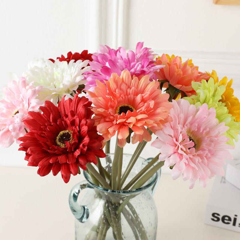 18 Têtes De Marguerites Gerbera Artificielles En Soie - Tiges De 30.5 Cm - Couleurs Orange, Rouge, Jaune - Pour Décoration Maison, Mariage, Fête - Bouquet Sans Entretien