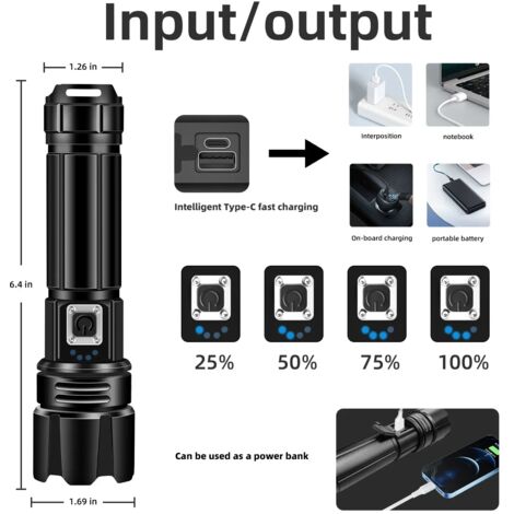 Lampe Torche LED Rechargeable USB-C, Haute Luminosité, Puissance élevée - Neuve