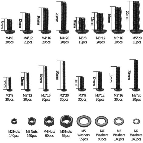 Kit De Vis, écrous Et Rondelles M3 - 2540 Pièces, Tête Hex/ Bouton, Longueurs 4 à 35 Mm, Acier 12.9/10.9