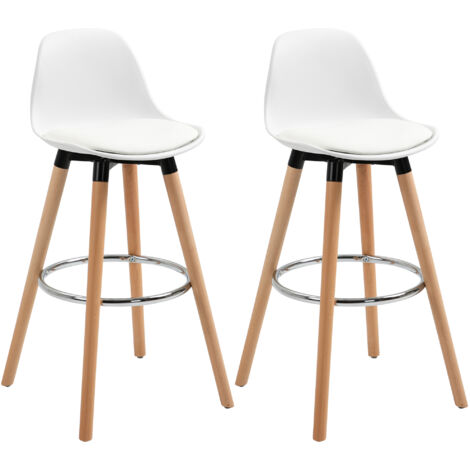 Tabourets de bar, chaises de bar en PU avec dossiers et repose-pieds, assises rembourrées de 69 cm, pieds en bois, style moderne, convenant aux cuisines, salles à manger et salons, blanc,Lot de 2 (1/5)