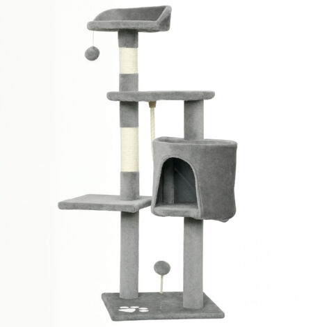 Arbre à chat multi-jeux avec grattoir, niche et jouet en corde, 40 x 40 x 114 cm, gris (1/5)
