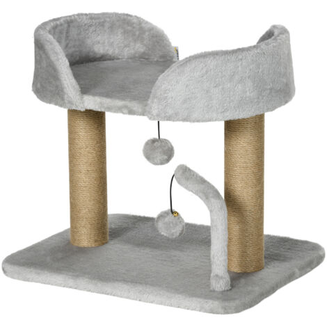 Arbre à chat avec grattoir intégré, comprenant 2 pompons suspendus, 2 plateformes en jute, en jute peluche 48 x 38 x 42 cm gris (1/5)