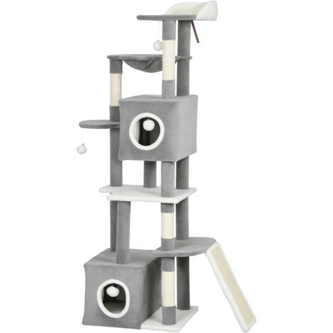 Arbre à chat avec tour de jeu et centre d'activités, 2 niches, plateforme pour hamac, échelle et 4 pompons, 165 cm, gris (1/5)