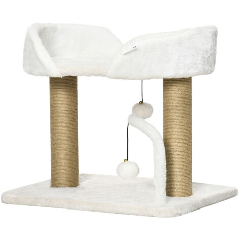 Arbre à chat avec grattoir, comprenant 2 pompons suspendus, 2 poteaux en sisal, une plateforme en peluche de sisal, 48 x 38 x 42 cm, beige (1/5)
