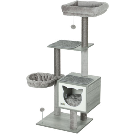 Arbre à chat avec griffoir et hamac multifonctions, en sisal naturel court et peluche, 48 x 40 x 126 cm, gris (1/5)
