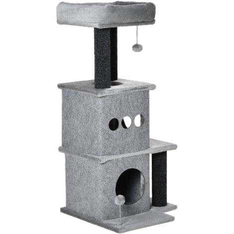 Arbre à chat design : centre d'activités multifonctionnel, confortable et élégant, avec niche et lit plateforme, balle de jeu, feutrine amovible et lavable, panneaux de particules, peluche courte, 48 (1/5)