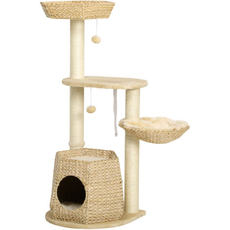 Arbre à chat avec griffoir, 119 cm de haut, poteau renforcé avec niche pour hamac, 2 balles suspendues (1/5)