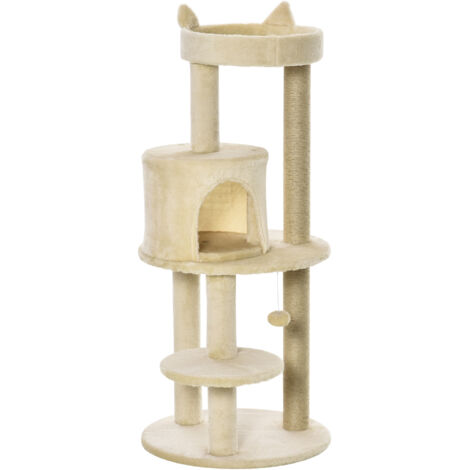 Arbre à chat multi-jeux avec grattoir, plateforme, niche de jeu et balle suspendue Ø48 x 104 cm (hauteur) Crème (1/5)