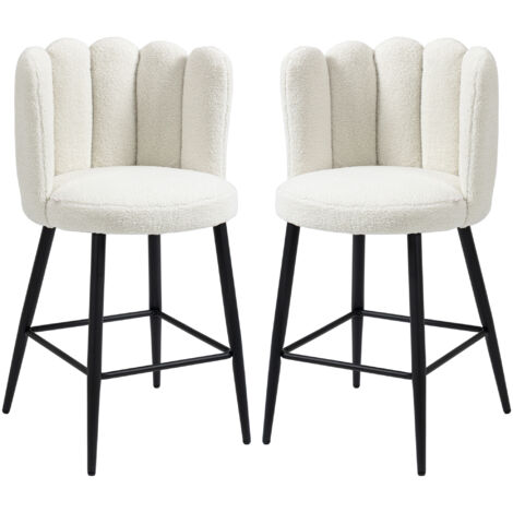 Tabourets de bar avec repose-pieds, en acier et tissu effet laine, frisé, 65 cm de haut, couleur crème et noir,Lot de 2 (1/5)