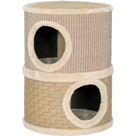 Seau grattoir pour chat, en sisal naturel, arbre à chat et algues recouverts de peluche, 35,5 x 35,5 x 49 cm, couleur kaki/café (1/5)
