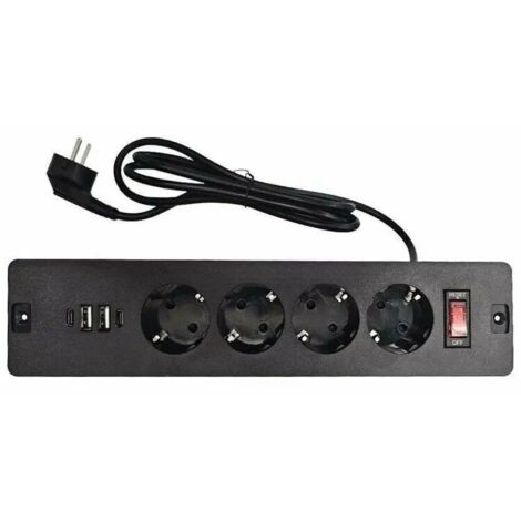 Prise Encastrable De Table Avec Ports 2Usb Et 2Type-C Multiprise Intégrée 4 Prises Avec Câble D'Alimentation 1,7M Et Câble Type-C Prise De Cuisine Multiprise Pour Meuble Ou Bureau Noir