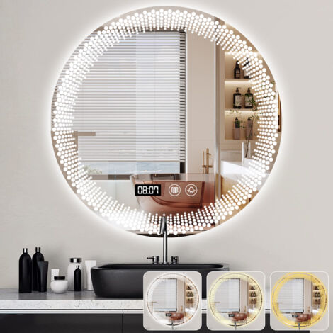 Badezimmer Spiegel Mit Beleuchtung, Ultrixe Rund 70cm LED Badezimmerspiegel Wandspiegel Mit Uhrzeit Und Touch Schalter, Dimmbar,Warmweiß/ Kaltweiß/ Neutral, Beschlagfrei