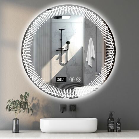 Espejo de baño con luz LED, Ultrixe Redondo de 70 cm con iluminación de pared, con pantalla de tiempo y temperatura, interruptor táctil, antivaho y 3 colores de luz