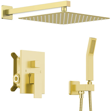 Sistema de ducha empotrable, Ultrixe Juego de grifo de ducha dorado de 8 pulgadas, juego de ducha de lluvia con alcachofa de mano, Cuerpo de Latón, Instalación en Pared Fácil y Rápida