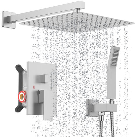 Columna de ducha empotrada, Ultrixe juego de ducha empotrado con cabezal de ducha cuadrado 8 pulgadas, Rociador Efecto Lluvia, Instalación en Pared Fácil y Rápida, Latón y acero inoxidable