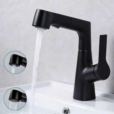 Grifo de baño con rociador extraíble, Ultrixe, 2 modos de rociado, diseño elevable, apto para lavabos, agua fría y caliente, grifo mezclador negro para lavabo