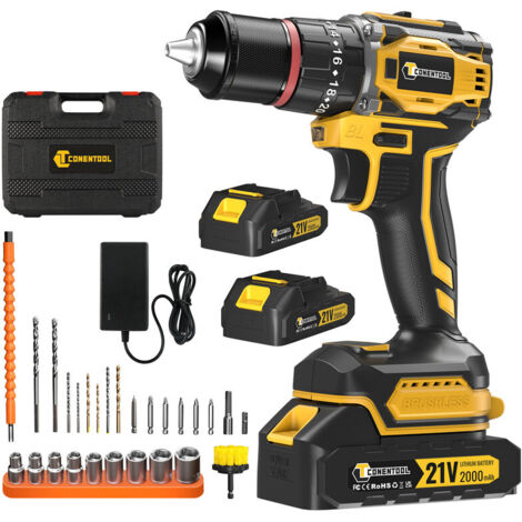 Perceuse visseuse à percussion 21 V 45 Nm, Perceuse à percussion sans fil 2 x 2Ah batteries, 28+3 Réglages de Couple, pour Bricolage, 27 Accessoires, CONENTOOL, Jaune (1/5)