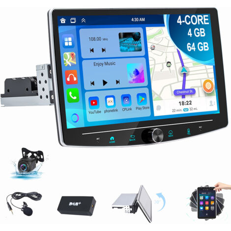Autoradio Android 14 Apple Carplay GPS Navi BT RDS 1 DIN Écran rotatif à 360° 4+64G DAB+ CAM
