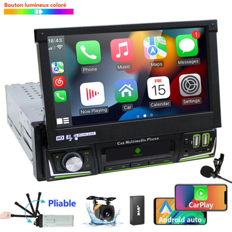 Autoradio stéréo 7" simple DIN CarPlay GPS WIFI écran rabattable - 4+64G DAB+ CAM MIC