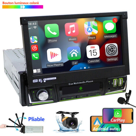Autoradio stéréo 7" simple DIN CarPlay GPS WIFI écran rabattable - 2+64G CAM MIC