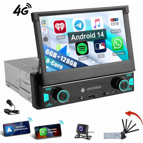 Autoradio 1 DIN CarPlay Écran tactile Bluetooth GPS Navi 6+128GB 4G LTE 6+128G CAM MIC