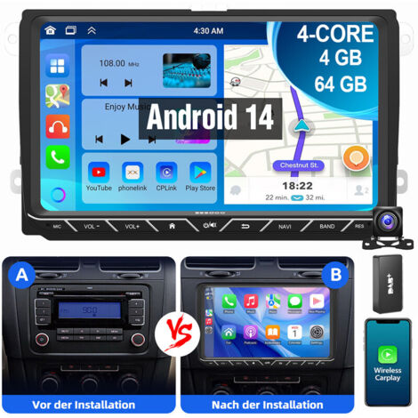 Android 14 Carplay Autoradio GPS Für VW Golf 5 6 Polo 6R Passat Caddy Tiguan 4+64G DAB CAM (1/5)