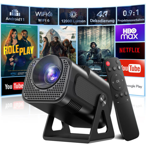 Mini vidéoprojecteur portable 1280x720 – Luminosité 12000 lumens – Android 11 – WiFi 6 et Bluetooth 5.0 – Support rotatif 180° - HD 4 K