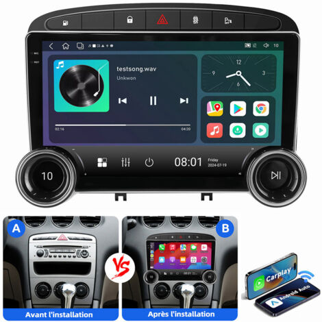 Autoradio 9 pouces Android 14 Carplay GPS SWC pour Peugeot 408 308 2007-2013 4+64G