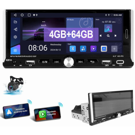 Autoradio 6,9" IPS 1 DIN avec Android 14 Carplay Android Auto GPS RDS Bluetooth FM WIFI 4+64G CAM (1/5)