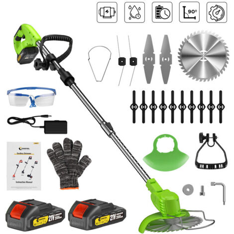 Coupe-Bordures Sans Fil 21V Pliable - avec Tête Pivotante - Coupe-bordure à batterie - avec 2 Batteries 2.0 Ah - 4 Types de lames - CONENTOOL - VertV