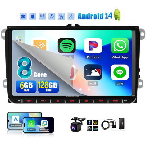 Autoradio Android 14 Carplay 6+128G, GPS, Bluetooth, EQ, USB, Navigation GPS, WIFI, écran tactile, pour VW GOLF 5/6, Touran, Caddy, Polo, 4G - 6+128G DAB+ CAM