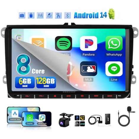 Autoradio Android 14 Carplay 6+128G, GPS, Bluetooth, EQ, USB, Navigation GPS, WIFI, écran tactile, pour VW GOLF 5/6, Touran, Caddy, Polo, 4G - 6+128GDAB+ MIC CAM