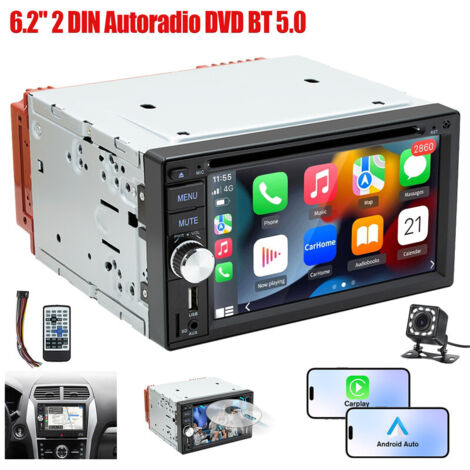 Autoradio stéréo 2 DIN, lecteur CD/DVD, Carplay, Android Auto, Bluetooth, USB, BT, AUX - 12CAM