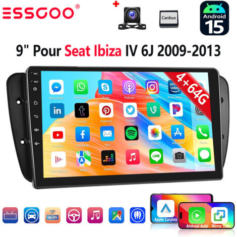 Autoradio 9" avec Apple CarPlay pour SEAT Ibiza 6J (2009-2013), 32/64 Go, Android 15, RDS, GPS et Wi-Fi - 4+64G CAM
