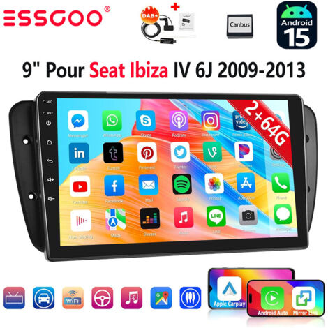 Autoradio 9" avec Apple CarPlay pour SEAT Ibiza 6J (2009-2013), 32/64 Go, Android 15, RDS, GPS et Wi-Fi - 2+64G DAB+