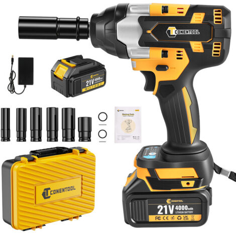 CONENTOOL Clé à chocs sans fil Brushless 1200Nm, 1/2 " Boulonneuse a Choc avec 1x4.0 Ah Batterie , Boîte avc 6pcs Accessoires