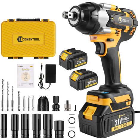 CONENTOOL Clé à chocs sans fil Brushless 1200Nm, 1/2 " Boulonneuse a Choc avec 2x4.0 Ah Batterie , Boîte avc 15pcs Accessoires