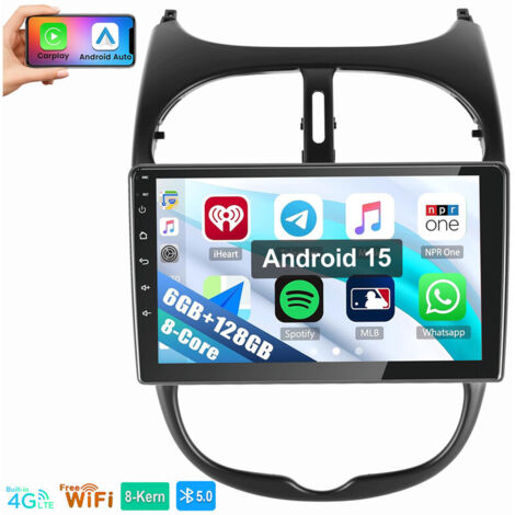 8 cœurs Pour PEUGEOT 206 206CC 206SW 2001-2016 Carplay Autoradio Android 15 GPS 4G LTE 6+128G