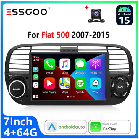 Autoradio Android 15 pour Fiat 500 (2007–2015)  Écran Tactile 7 Pouces CarPlay sans Fil et Android Auto Blanc  - 4+64G CAM