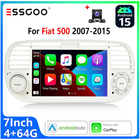 Autoradio Android 15 pour Fiat 500 (2007–2015)  Écran Tactile 7 Pouces CarPlay sans Fil et Android Auto Blanc  - 4+64G CAM