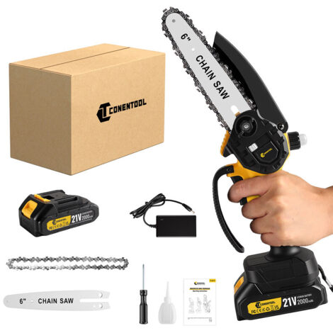 Mini tronçonneuse électrique 6 pouces portable 21V 2000mAh CONENTOOL – Design ergonomique et léger – Idéale pour jardinage efficace – 1 batteries et 1 chaînes