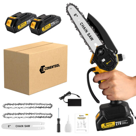 Mini tronçonneuse électrique 6 pouces portable 21V 2000mAh CONENTOOL – Design ergonomique et léger – Idéale pour jardinage efficace – 2 batteries et 2 chaînes