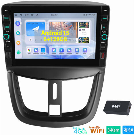 8 cœurs CarPlay 6+128GB Android15 Autoradio Pour Peugeot 207 CC GPS WIFI 4G BT DAB