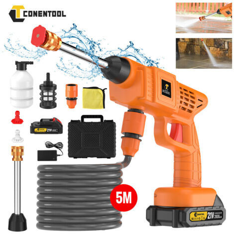 CONENTOOL Nettoyeur haute pression électrique 580 PSI Débit 4 L/min Avec 2000 mAh Batterie Tuyau 5 m – Buse 6 en 1 pour surfaces variées