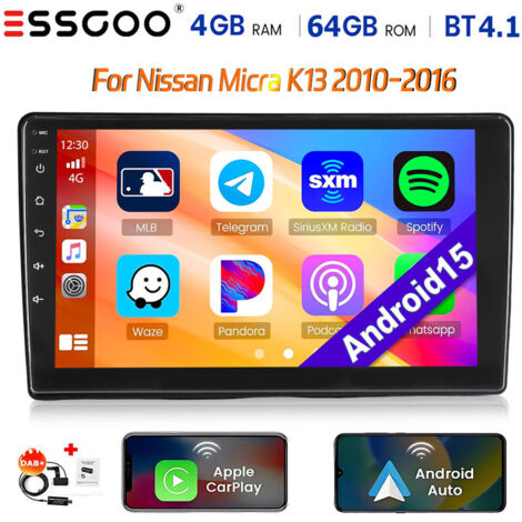 Autoradio Android 15 pour Nissan Micra K13 (2010-2016) avec CarPlay, GPS, Wi-Fi et RDS - 4+64G DAB+