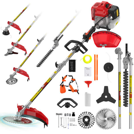 Coupe-bordure thermique Moteur - 2 temps 52 cc - Puissance 2.5kw - Tondeuse à gazon sans fil multifonctionnelle 5 en 1 - Largeur de coupe 25cm Comprend plusieurs lames et scies - Réservoir 1.2L - CONE