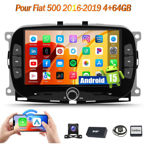 Autoradio 7 pouces Android 15 CarPlay avec GPS et Wi-Fi pour Fiat 500 2016-2019 - 4+64G DAB+ CAM