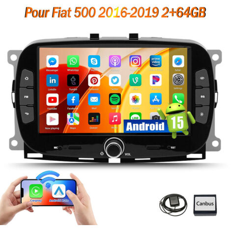 Autoradio 7 pouces Android 15 CarPlay avec GPS et Wi-Fi pour Fiat 500 2016-2019 - 2+64G
