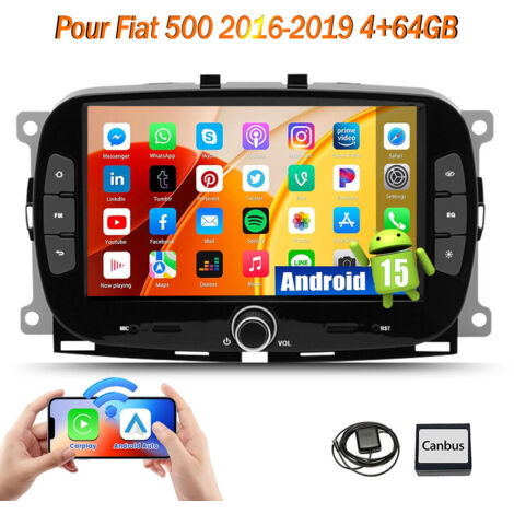 Autoradio 7 pouces Android 15 CarPlay avec GPS et Wi-Fi pour Fiat 500 2016-2019 - 4+64G