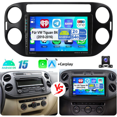 Autoradio Android 15 avec CarPlay, GPS, RDS et Wi-Fi pour VW Tiguan 5N et Golf Plus, avec port USB Type-C - 2+64G CAM
